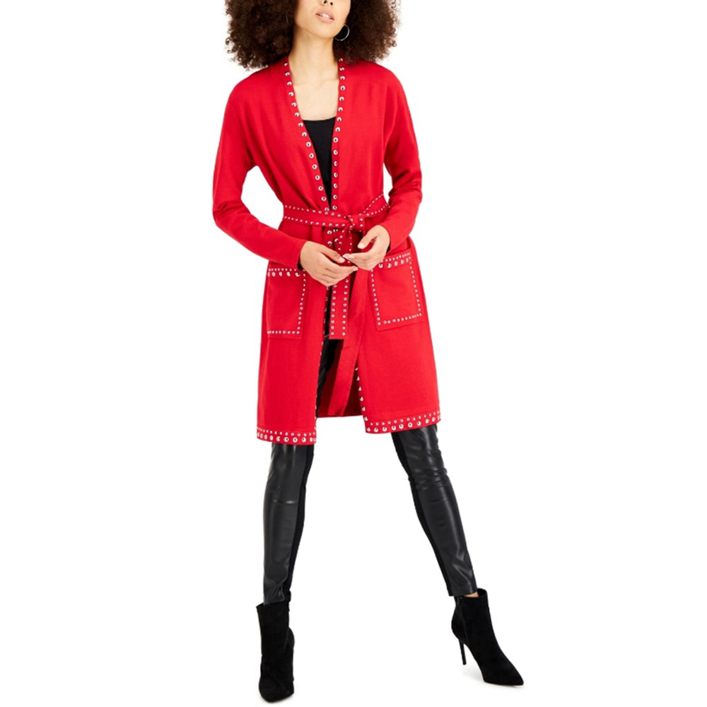 INC International Concepts XS Silver Studded Red Long Belted Cardigan NWT